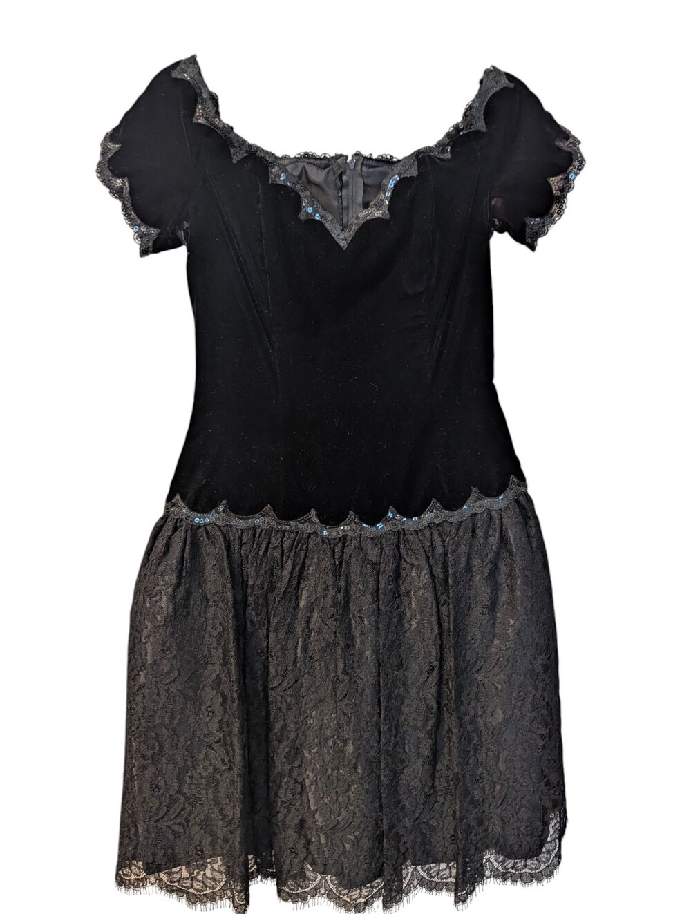 Scott McClintock Vintage Black Velvet and Lace Dress With Sequin Detail Size 8
